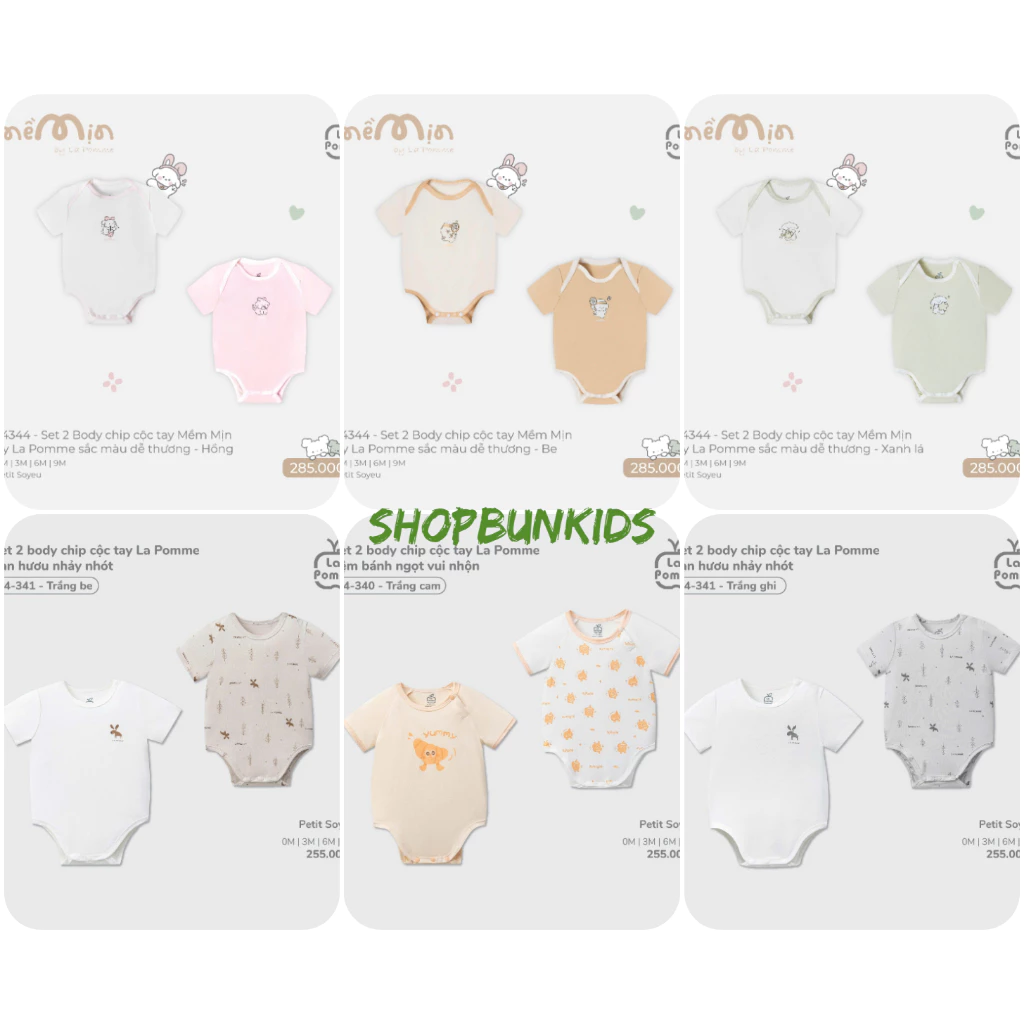 Set 2 bodychip cộc La Pomme chui đầu vai chồm vải petit mỏng mềm bé sơ sinh 0 - 6 tháng lapomme body chip bodysuit bộ