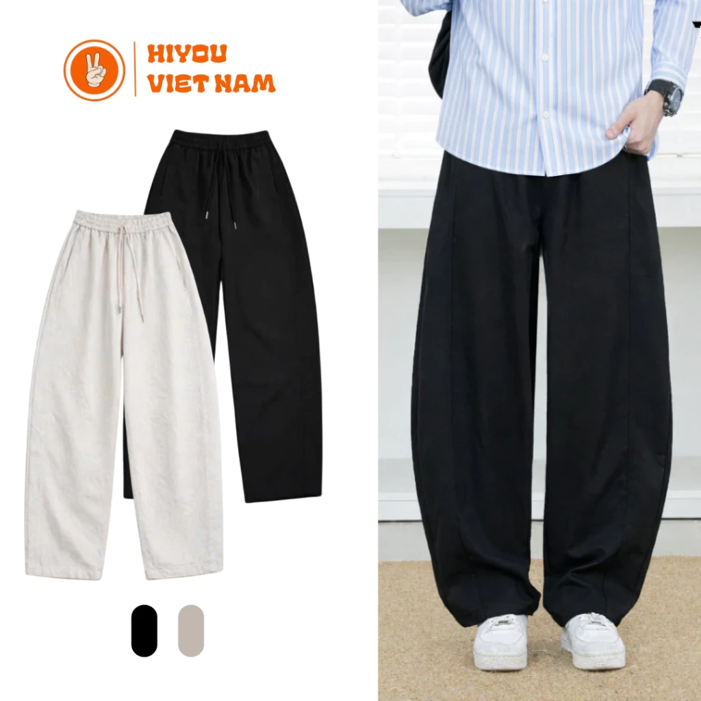 Quần Kaki Nữ Ống Rộng Form Thụng Hơi Cong Nhẹ Phối Line Hiyou, Quần Dài Nam Nữ Chất Liệu Kaki Cotton Năng Động KKN