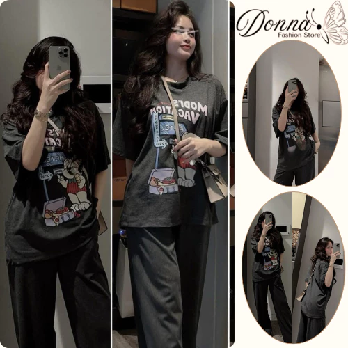 Bộ Quần Áo Nữ HCOM25451 DONNA Set Đồ Bộ In Hình Hoạt Hình Gấu Dễ Thương Mix Quần Dài Ống Suông Thoải Mái