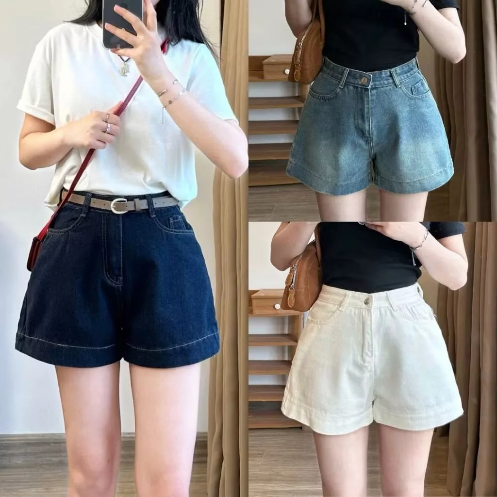 Quần Short Bò Jeans Nữ, Quần Short Jeans Denim 3 Màu Trơn Gấu Bản To Basic Cạp Cao Siêu Hách Dáng Cực Đỉnh