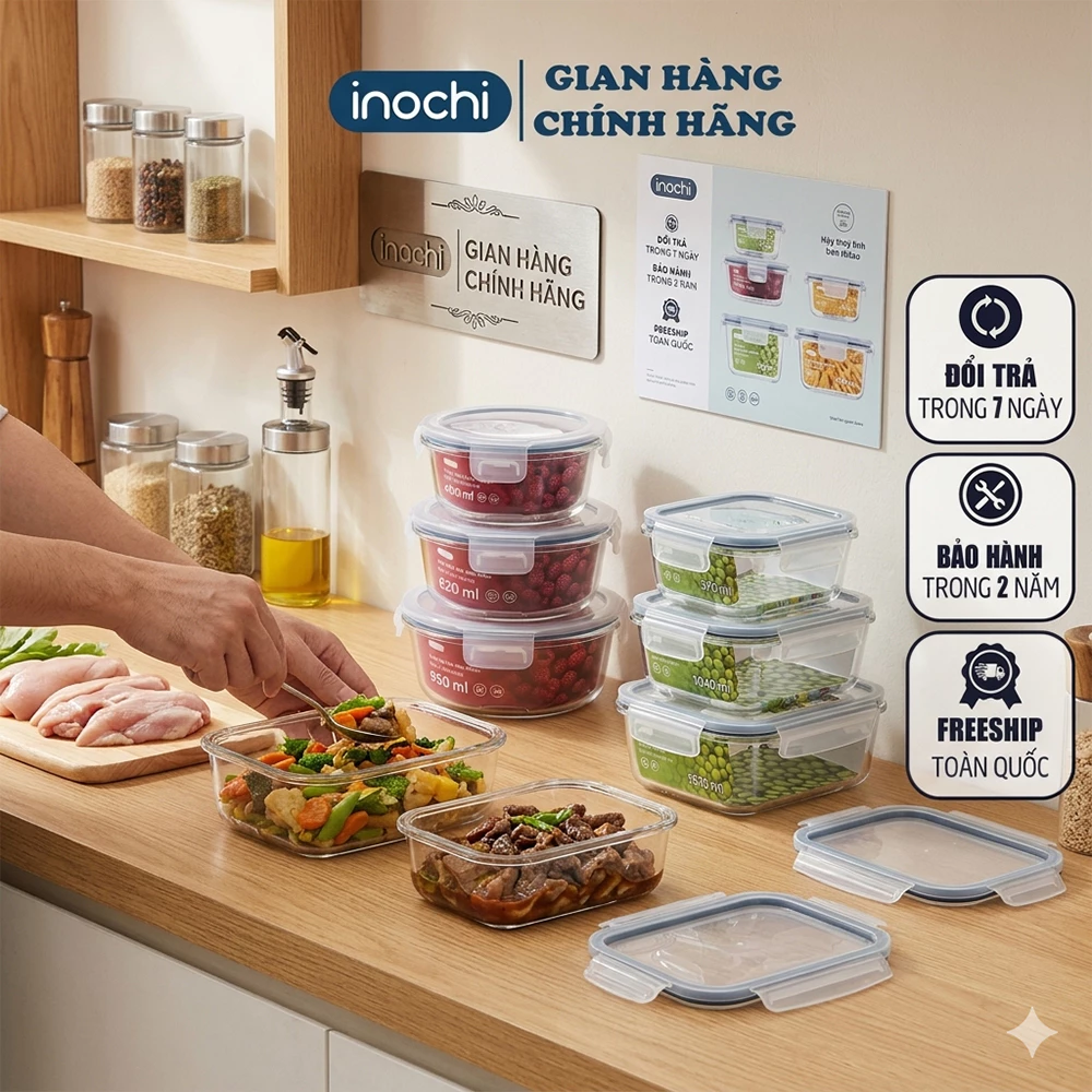 Hộp Thủy Tinh Đựng -Thực Phẩm Nikko INOCHI Đồ Ăn, Thức Ăn Trong Ngăn Đá Tủ Lạnh, Hộp đựng chịu nhiệt