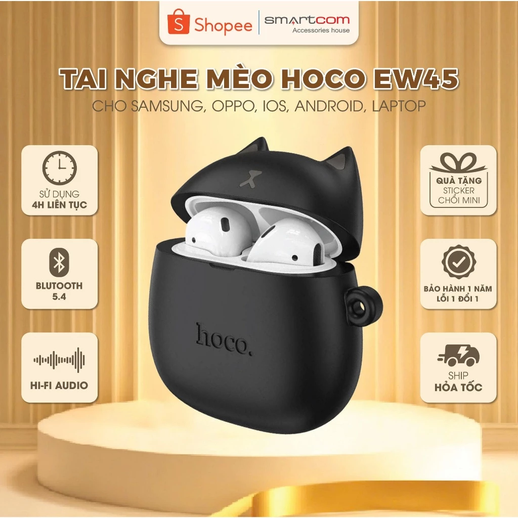 [Tặng ốp mèo] Tai nghe Bluetooth Hoco EW45 bass mạnh pin trâu kiểu dáng thời trang - bảo hành 12 tháng