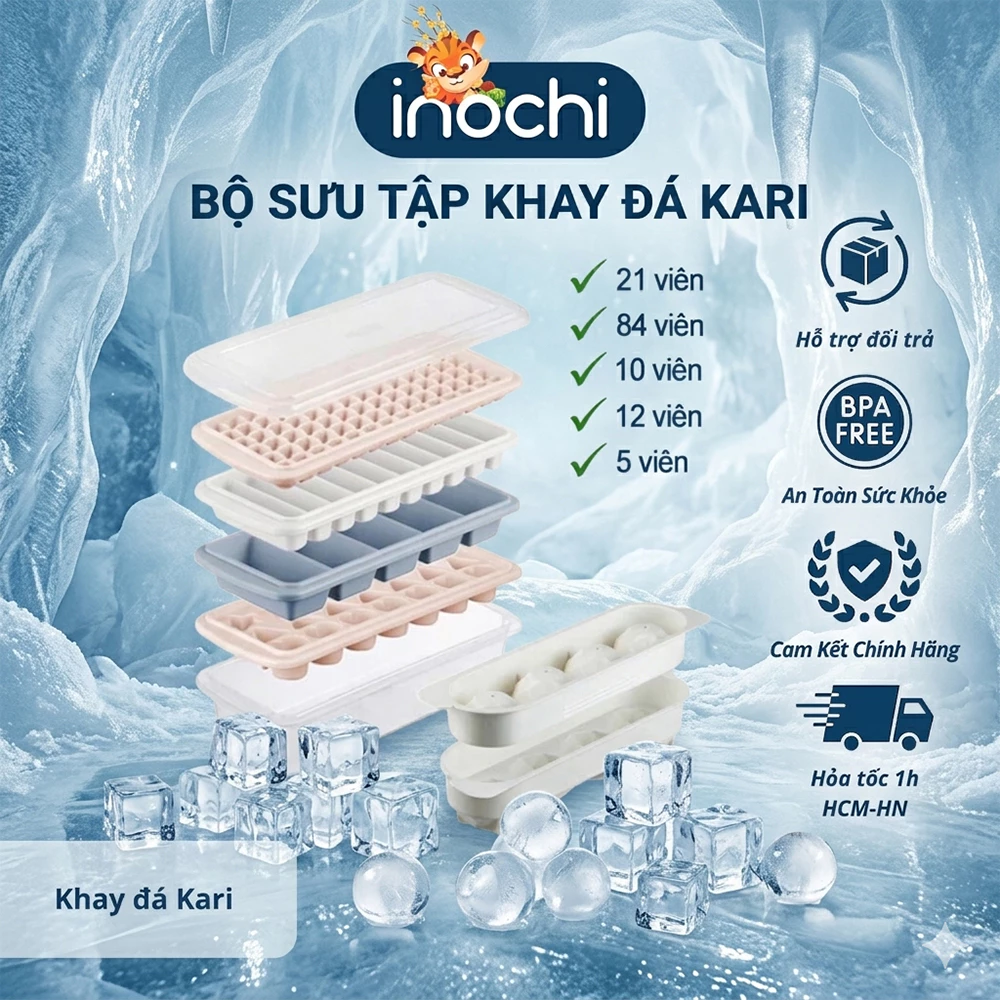 Khay làm đá -có kèm hộp đựng và nắp khử mùi, tủ lạnh đủ loại viên tròn kari inochi kháng khuẩn (Ag+)