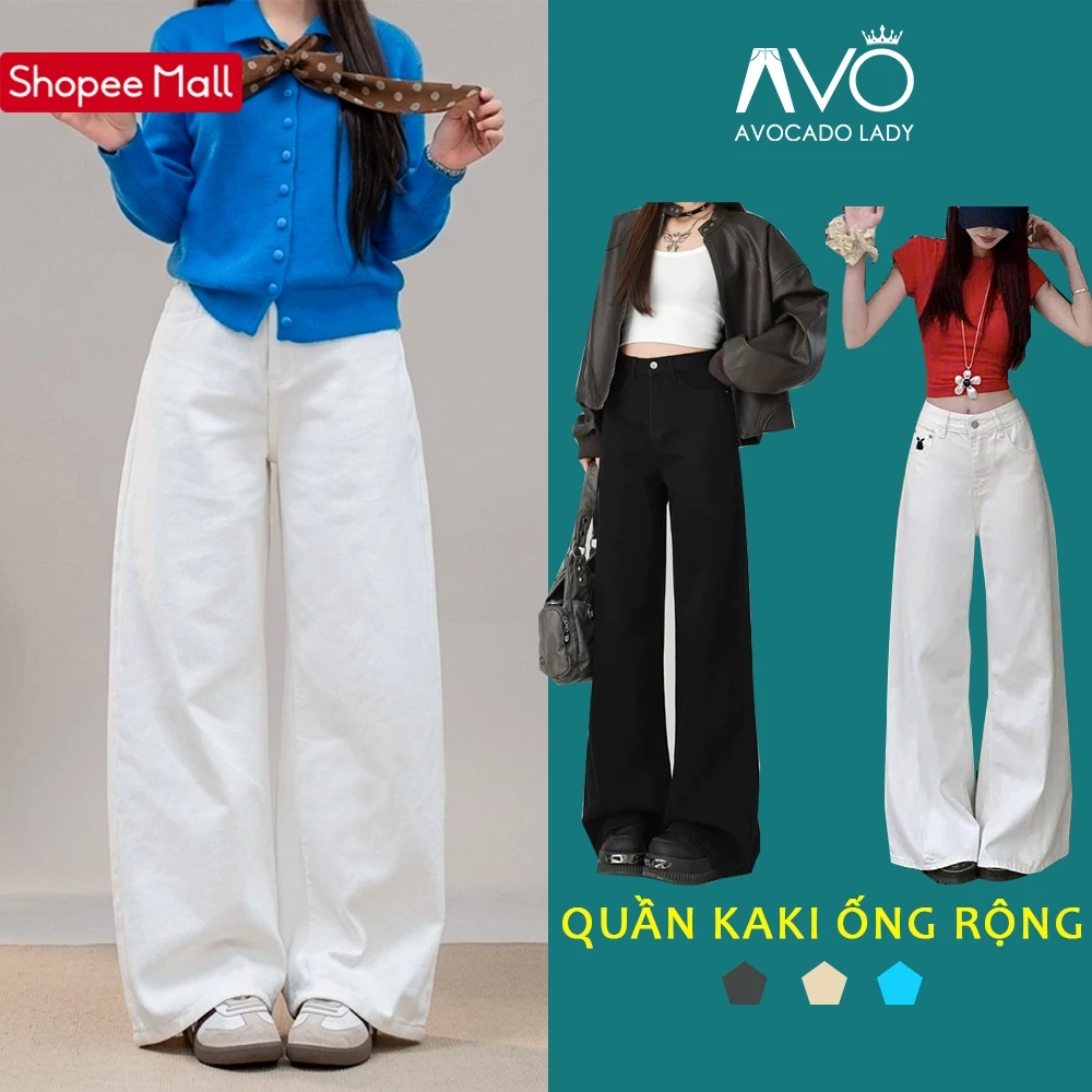 Quần Kaki Nữ trơn Cạp Cao Jean Trắng ống rộng dáng suông đứng Avo Avocado chất Kaki Bò Dáng dài Lưng Cao