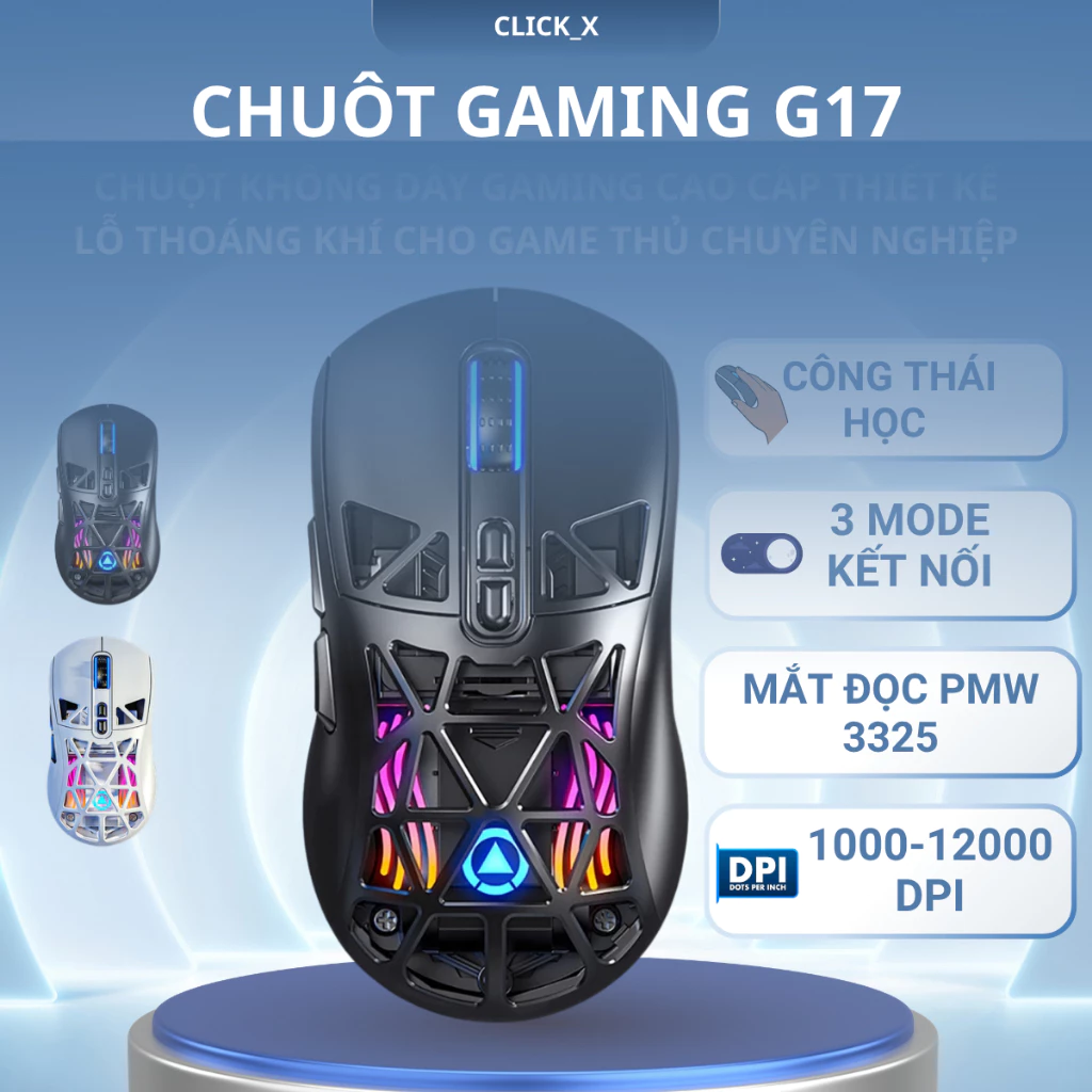 Chuột gaming không dây YINDIAO G17 bluetooth pin sạc nhẹ có lỗ chip PMW3325 3 mode wirless 2.4g RGB .