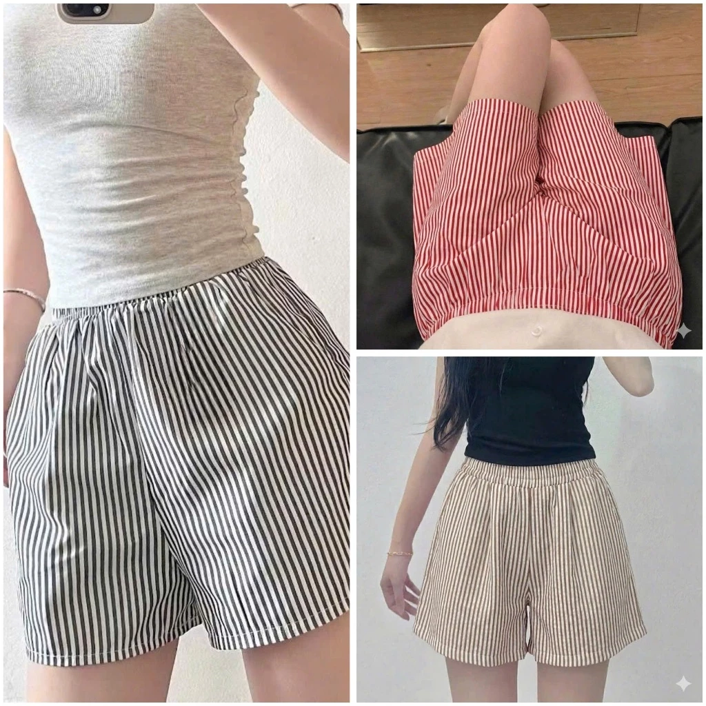 Quần short kẻ sọc cạp chun unisex - Sooc đùi mặc ở nhà đi ngủ ống rộng chất thun mỏng mát ulzzang
