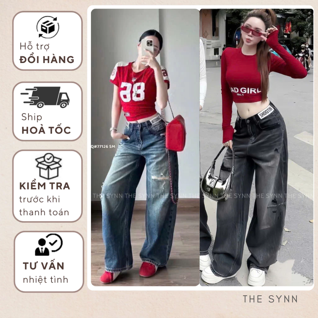 Q13 (S - XL 100-103cm) Quần Jeans Nữ Ống Suông Form Rộng Lưng Cao Phối Tag Lưng Rách Cá Tính