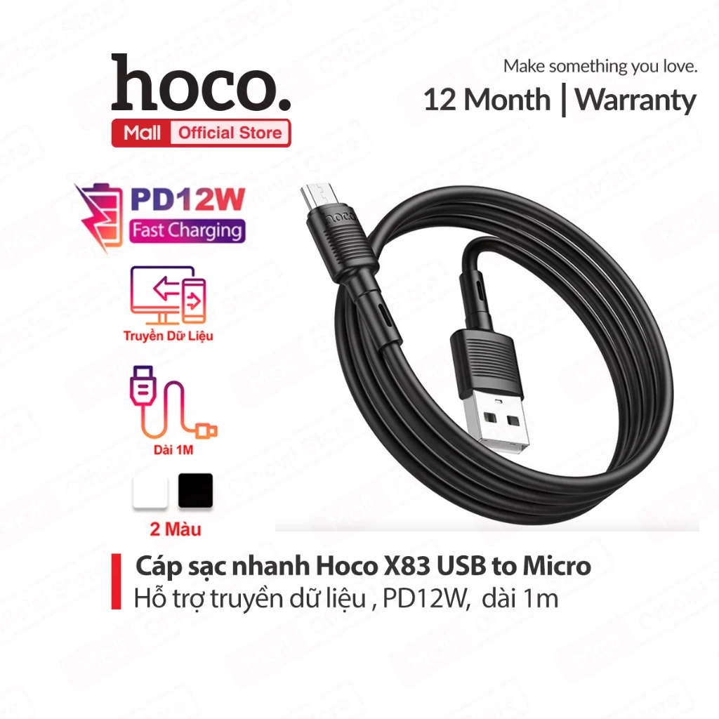 Cáp sạc nhanh PD12W USB to Micro Hoco X83 dài 1M hỗ trợ truyền dữ liệu , dây dẻo dùng cho Android/Samsung/Oppo