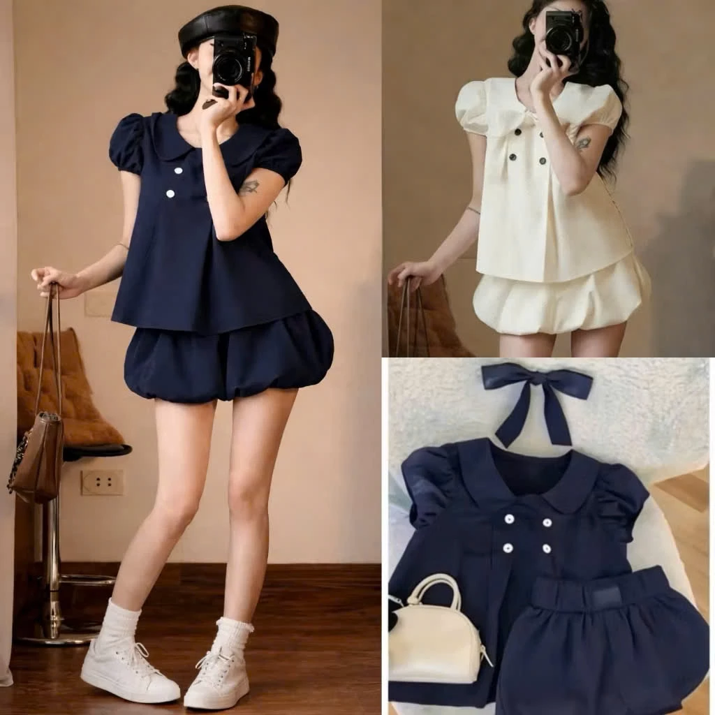 Set váy babydoll cổ sen nơ 4 cúc tay bồng kèm chân váy bi dáng ngắn tiểu thư sang chảnh
