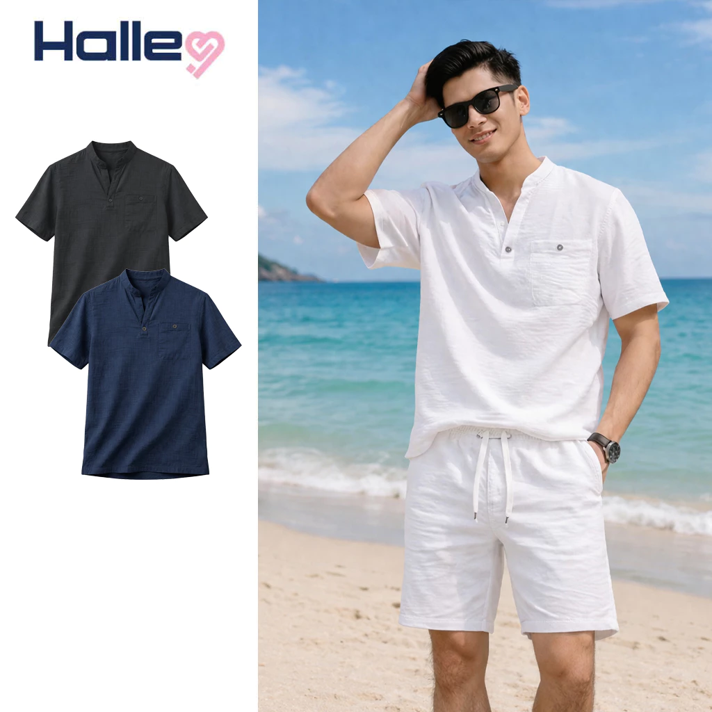 Áo Cộc Tay Chất Đũi Cổ V Thoáng Mát Mùa Hè Halley Sơ Mi Nam Cộc Tay Đi Biển Đi Chơi A59