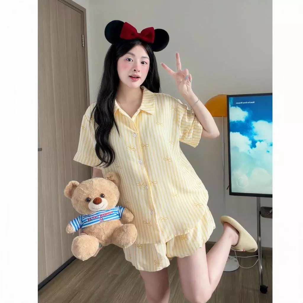 Kozoda Đồ Ngủ Cotton BN78 Họa Tiết Nơ Kẻ Sọc Quần Bí Dễ Thương Babydoll Form Rộng Ngắn Tay Size S & M Thoải Mái