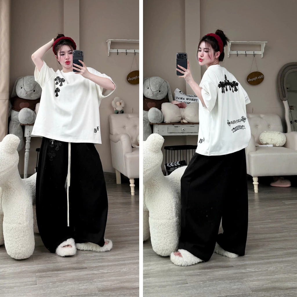 Set bộ áo thun cổ tròn chữ thập trắng phối quần dài cạp chun đen dáng suông phong cách Genzstudio