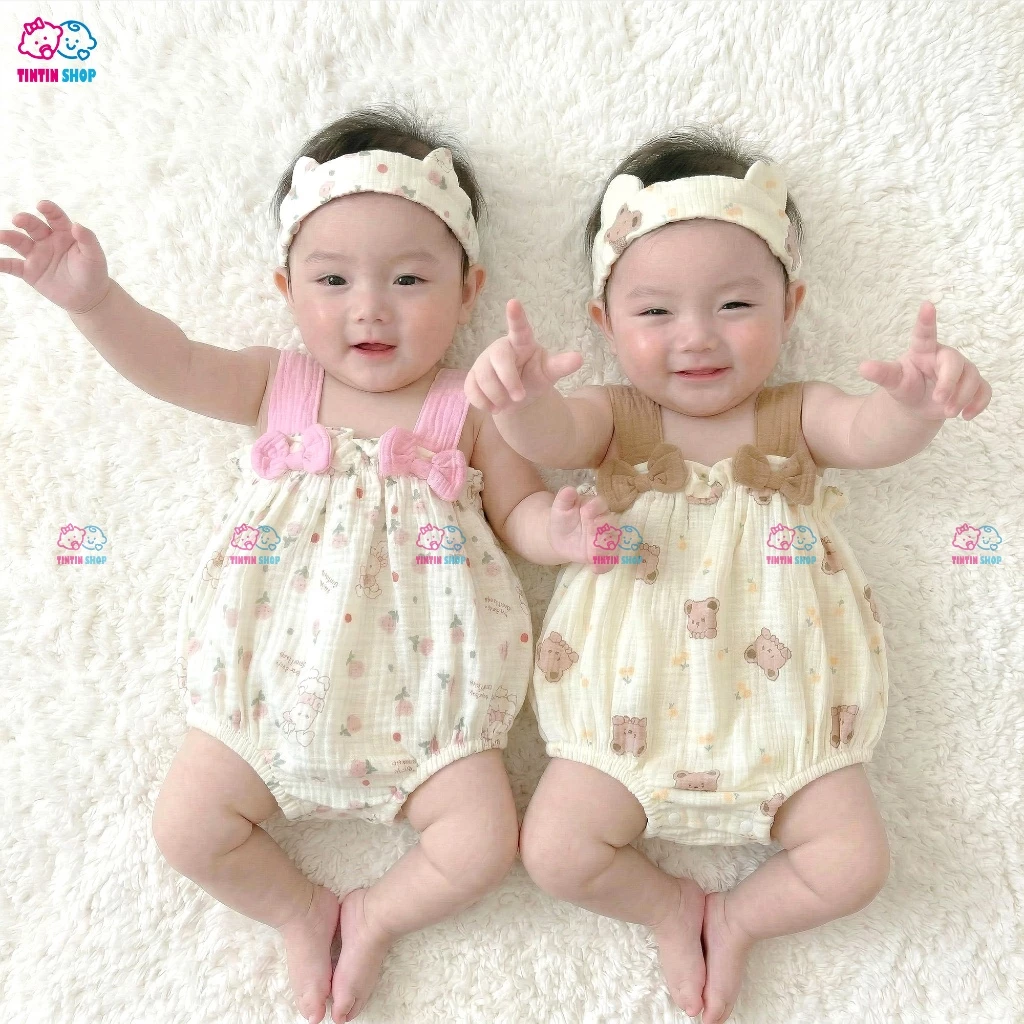 Bodysuit body chip hai dây kèm turban vải xô muslin Body đùi cho bé gái Áo liền quần Thỏ đen SLH209