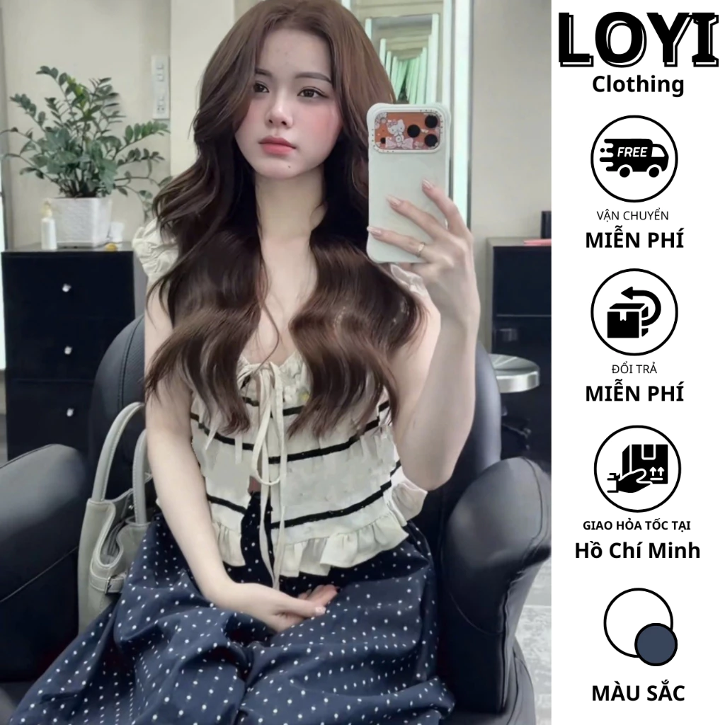 [Hỏa Tốc] Set Nữ Áo Bèo Nhún Cột Dây + Quần Ống Rộng Chấm Bi – Set Nàng Thơ Thanh Lịch Dễ Thương