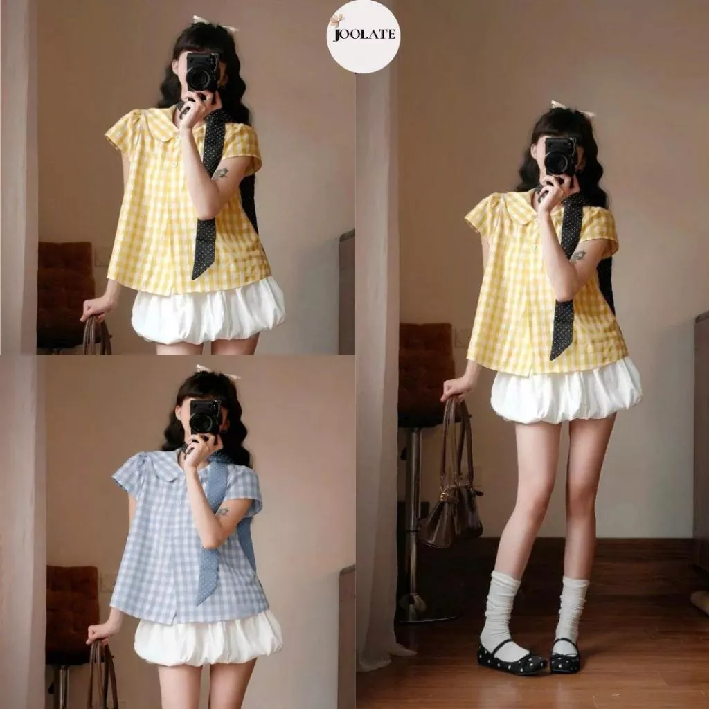 Set Áo Babydoll Kẻ Caro Tay Phồng Joolate  Mix Chân Váy Bí – Set Đồ Nữ Dễ Thương Hàn Quốc Mùa Hè 1211