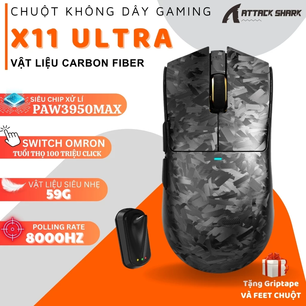 Chuột Gaming Không Dây Attack Shark X11 Ultra - PAW3950MAX, 8KHz, 42000 DPI, 59g Siêu Nhẹ