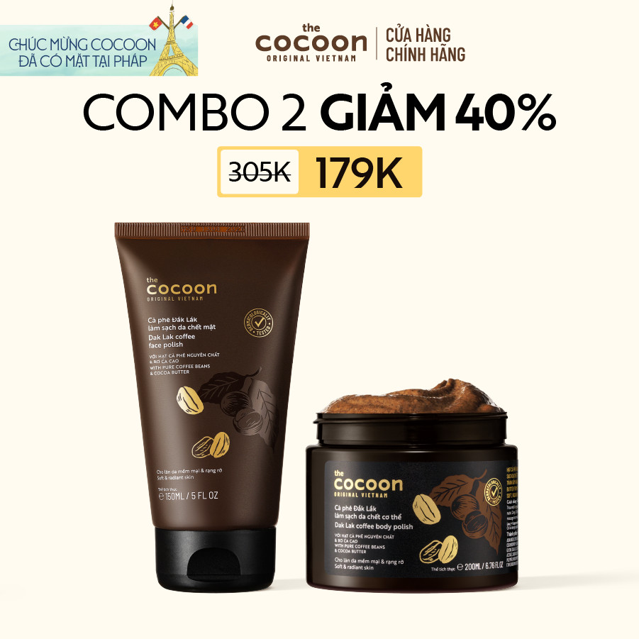 [MUA 2 GIẢM 42%] Combo Tẩy da chết mặt cà phê Đắk Lắk 150ml và Tẩy da chết cà phê cơ thể 200ml