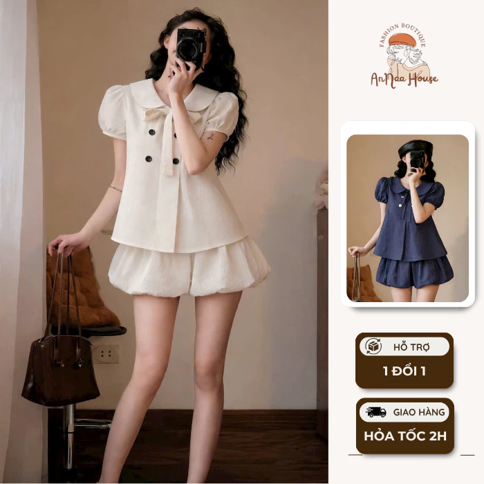 Set áo babydoll cổ sen nơ 4 cúc tay bồng kèm chân váy bi dáng ngắn tiểu thư sang chảnh