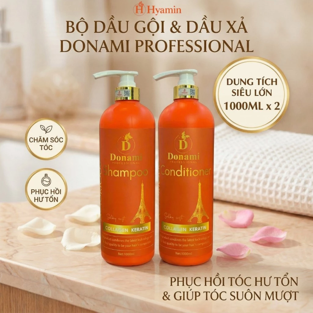 Bộ Dầu Gội Xả Donami 1000ml - Phục Hồi Hư Tổn, Ngăn Gãy Rụng, Kích Mọc Tóc