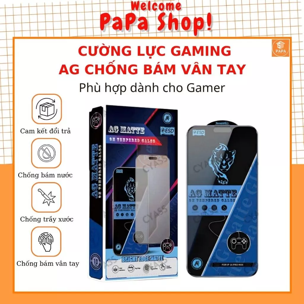 Kính cường lực GAMING chống bám vân tay dành cho Iphone 17 Promax 16 15 14 13 12 11 Pro Plus Max X Xs Xsmax