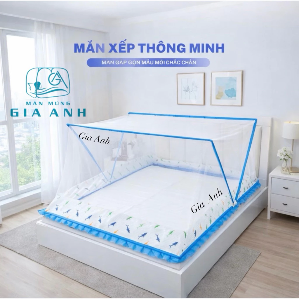 [Gấp Gọn Tiện Lợi] Màn Xếp Thông Minh GIA ANH CAO CẤP - Khung Cacbon Chắc Chắn - Vải Dày Chống Muỗi Hiệu Quả