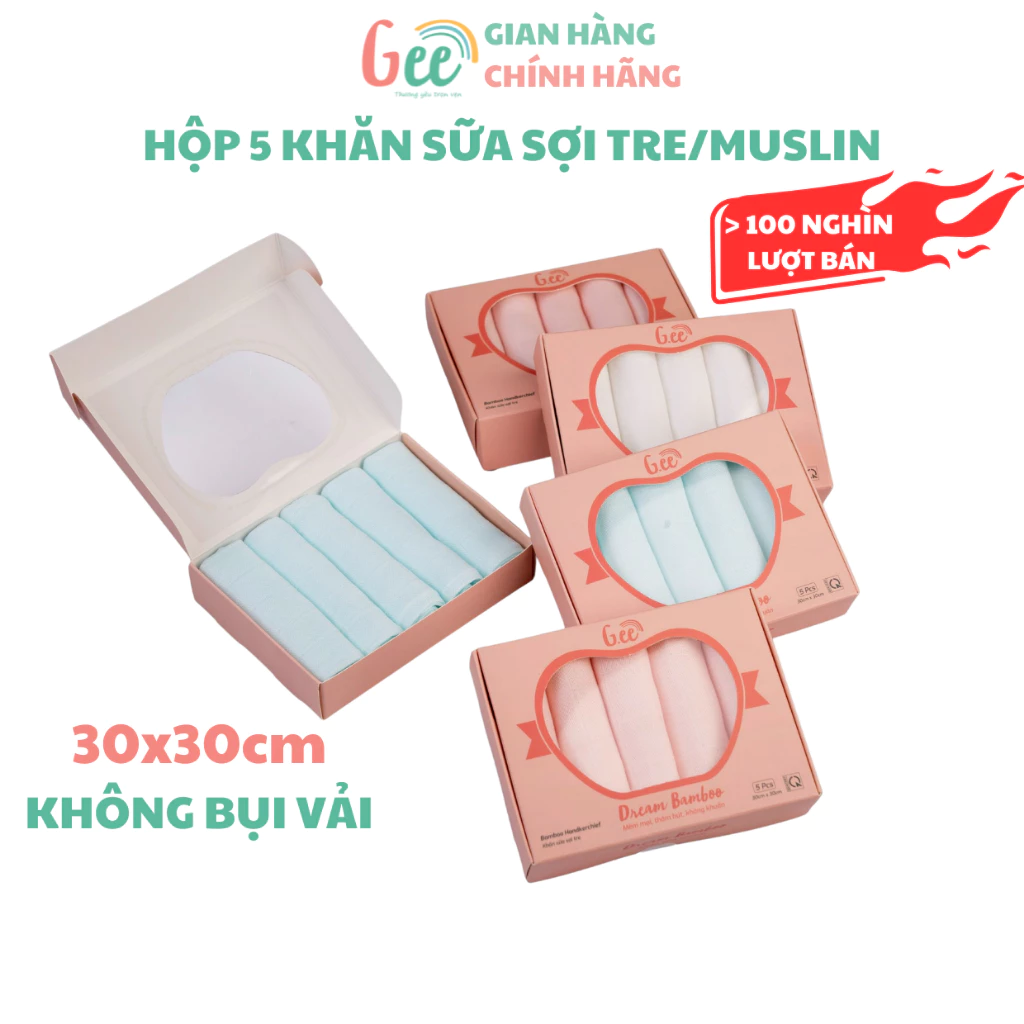 Khăn sữa Gee cao cấp, set 5 khăn sợi tre/muslin cho bé sơ sinh, không bụi vải, mềm mịn, thấm hút