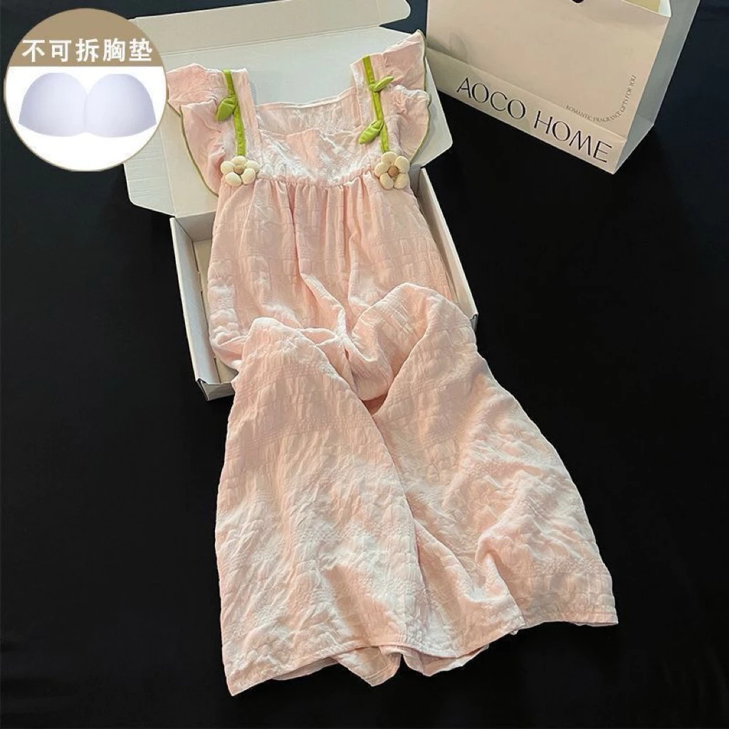 Bộ đồ ngủ nữ 2 dây hoa nhí dễ thương có mút ngực