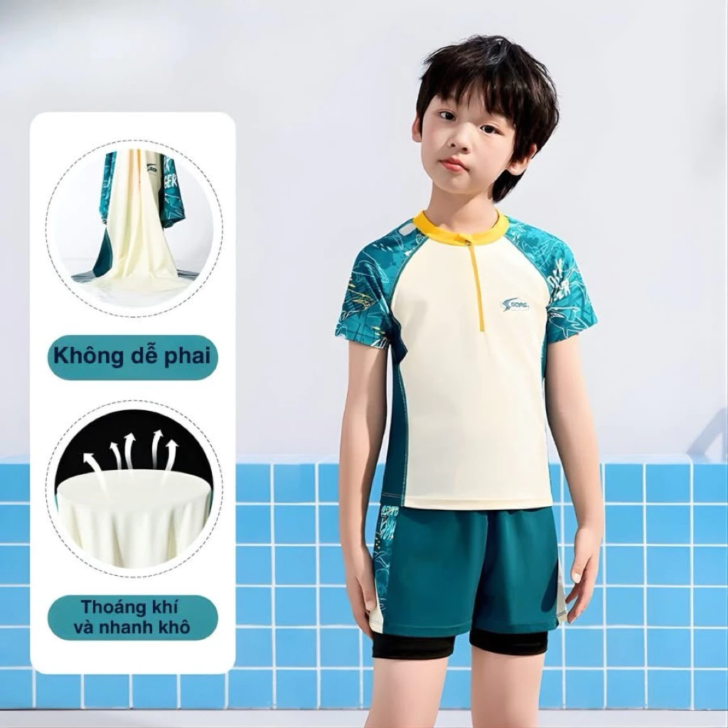 Đồ bơi cho bé trai cộc tay quần 2 lớp size 10-60kg, đồ bơi bé trai chất thun bơi cao cấp trắng xanh