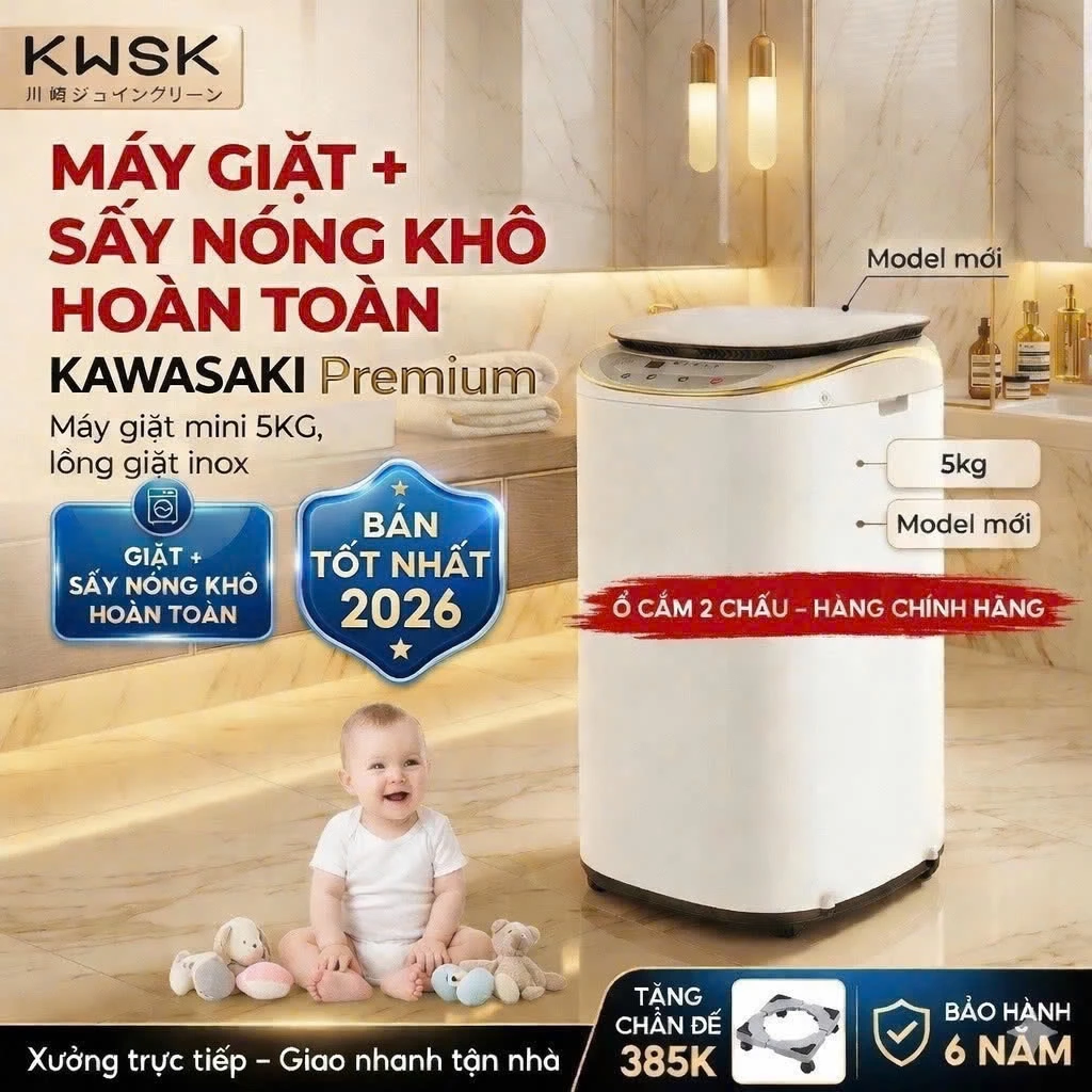 Máy giặt Mini PVL - Kawasaki tích hợp sấy nóng khô hoàn toàn, INVETER siêu tiết kiệm điện, 10 chức năng giặt- BH 6 NĂM
