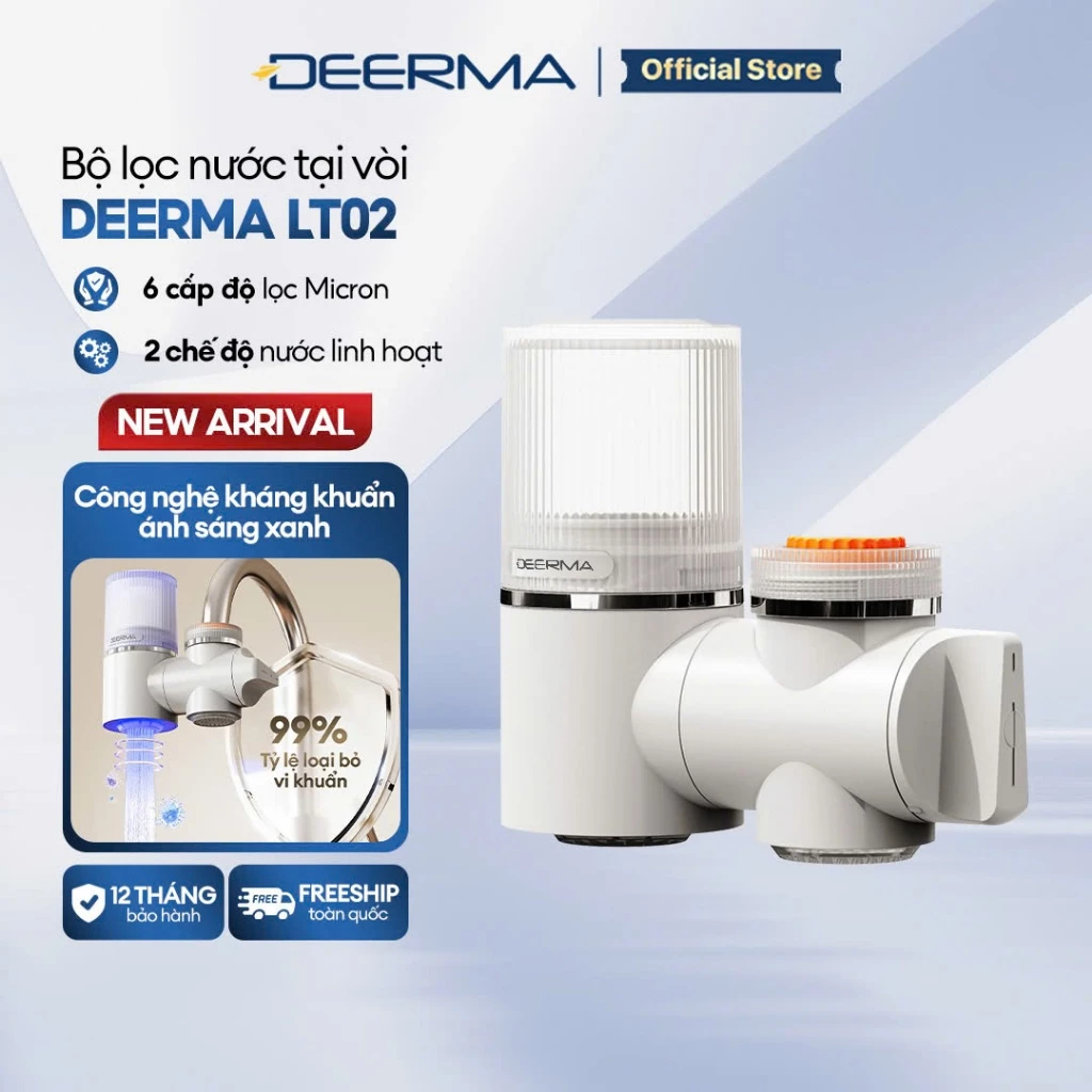 Bộ lọc nước tại vòi Deerma LT02 ánh sáng xanh, lọc khuẩn, an toàn cho sức khỏe - Bảo hành 12 tháng