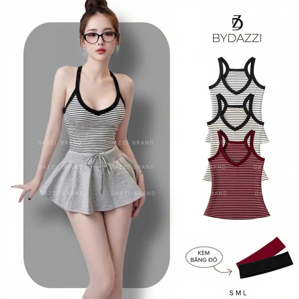 [TẶNG BĂNG ĐÔ] Áo hai dây nữ cổ tim thiết kế sọc ôm dáng chất cotton trẻ trung năng động DAZZI Women A080