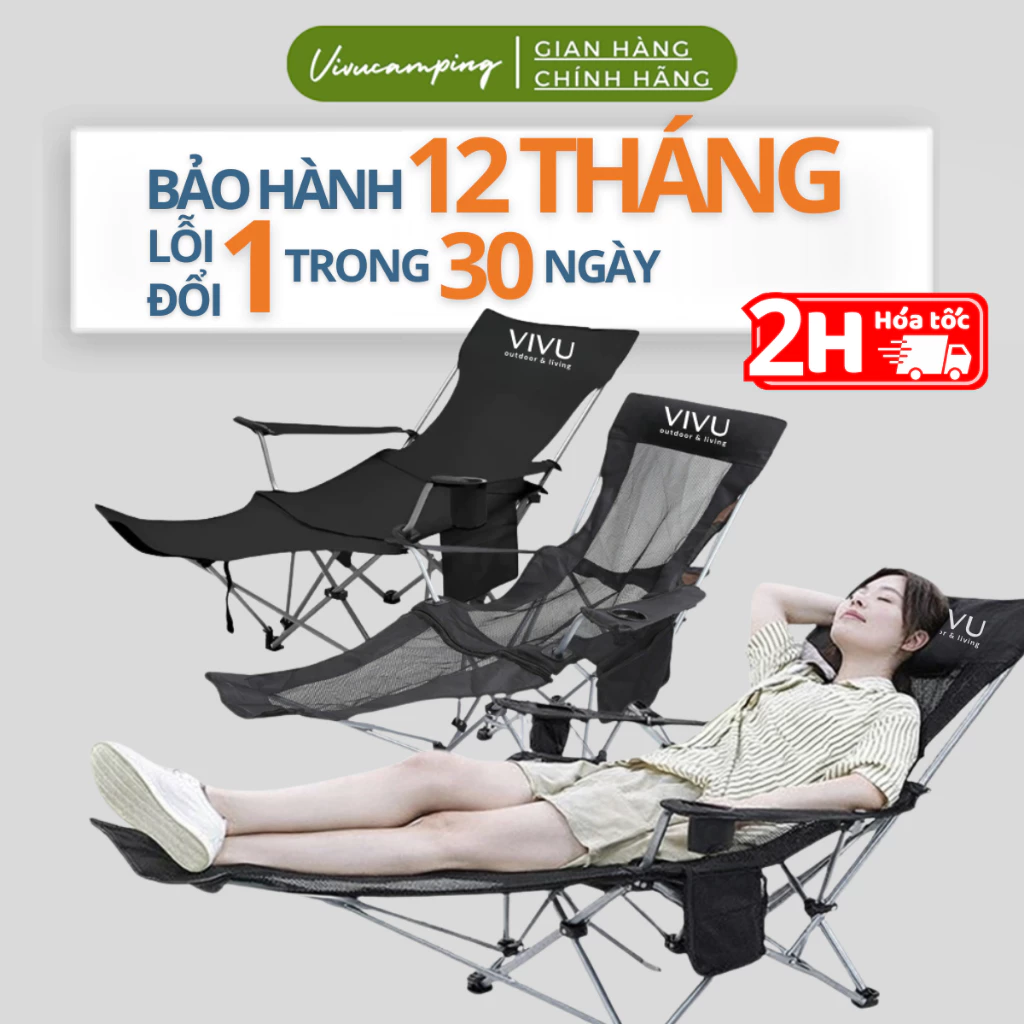 Ghế Gấp Gọn Có Gác Tay Vivu Outdoor Cắm Trại Dã Ngoại, Ghế Ngả Lưng Gác Chân Vải Lưới Thoáng Mát