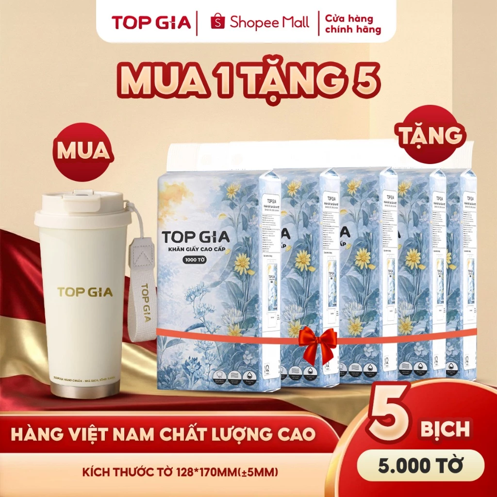 (MUA 1 NHẬN 6) Mua bình giữ nhiệt Topgia tặng 5 bịch khăn giấy rút đáy mộc an 1000 tờ 4 lớp dày dặn, hàng Việt Nam