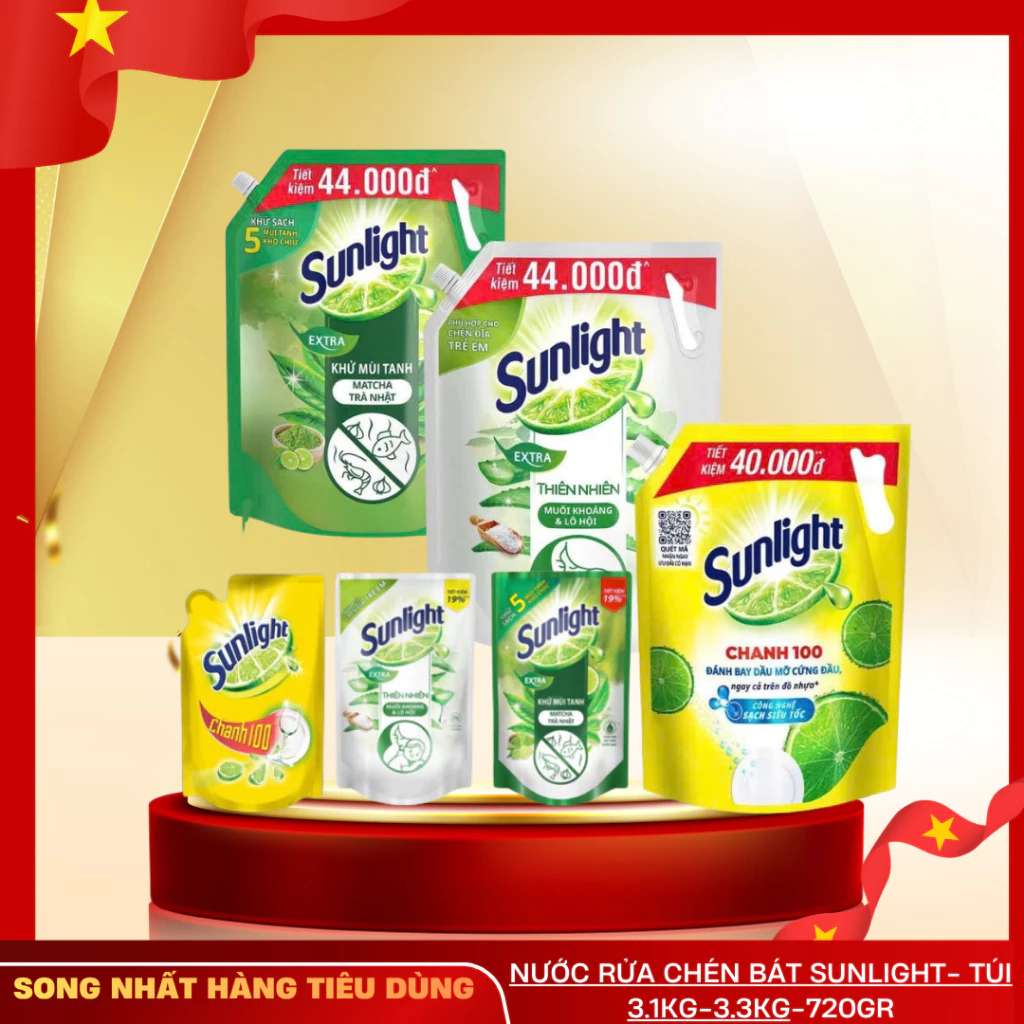 Nước Rửa Chén Bát Sunlight CHANH, TRÀ XANH, LÔ HỘI VÀ GỪNG - Túi nhỏ(720GR -750GR - 1.4KG) và lớn (3.1KG-3.3KG)