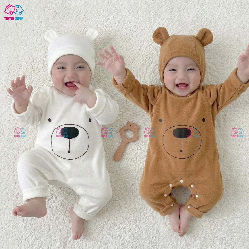 Bộ đồ liền thân Bodysuit dài tay kèm mũ vải cotton cho bé trai bé gái sơ sinh 0-12 tháng SLT55