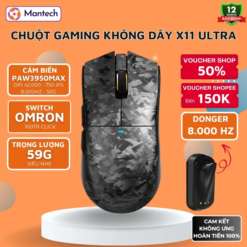 Chuột Gaming Không Dây Attack Shark X11 Ultra - PAW3950MAX, Polling Rate 8KHz, 42000 DPI, 59g Nhẹ
