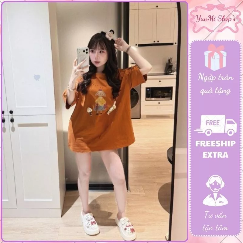 Áo phông nữ HCOM27128 freesize in hình cô gái dễ thương, áo thun tay lỡ dáng dài hàn quốc mềm mịn yuumistyle