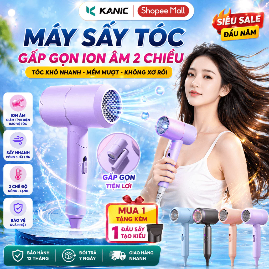 Máy Sấy Tóc Gấp Gọn 2 Chiều Nóng Lạnh KANIC Công Suất Lớn 1600W Nhanh Khô 3 Chế Độ Sấy Đa Năng Tạo Kiểu Chuẩn Salon