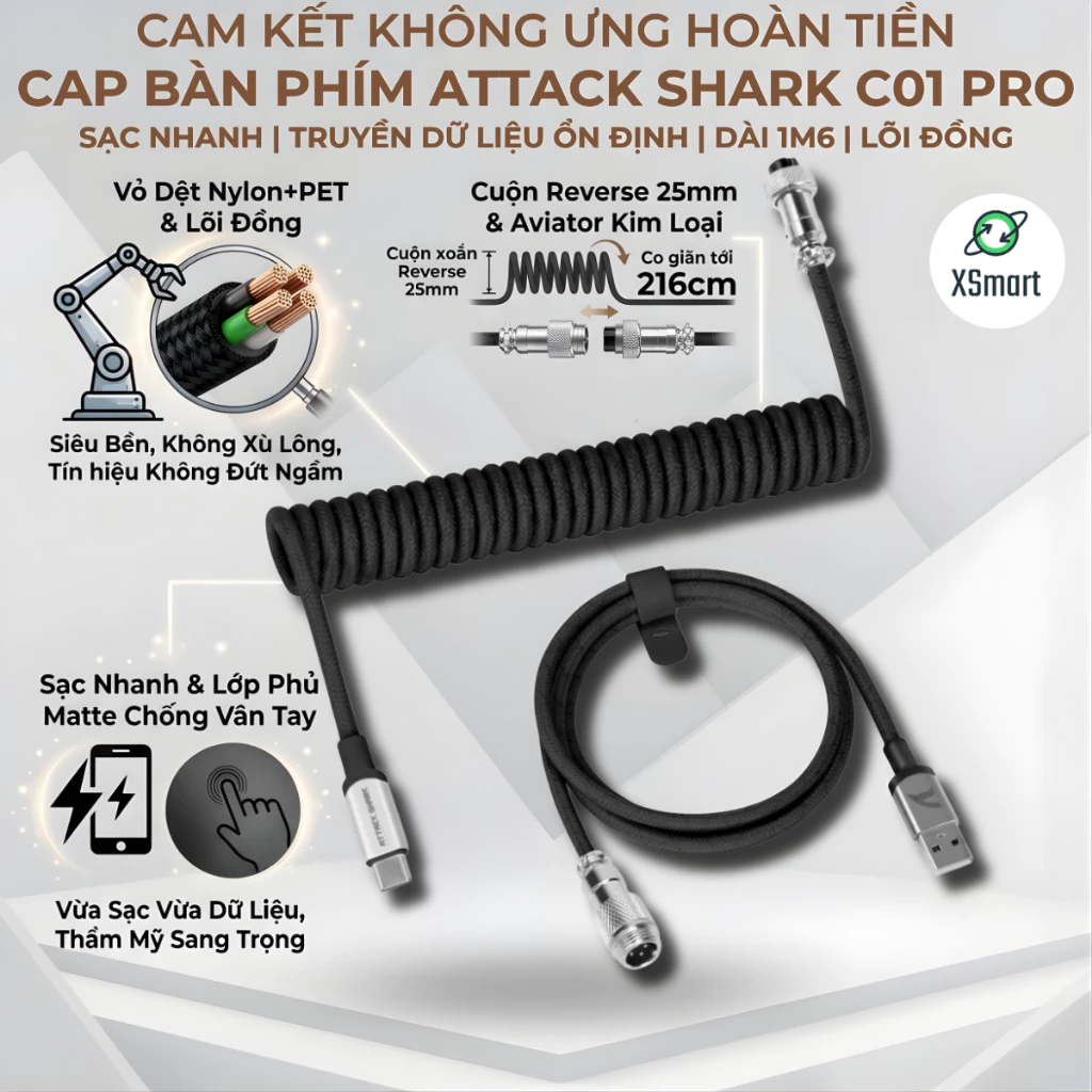 Dây Cáp Custom Bàn Phím Chuột Gaming Attack Shark C01 PRO Cuộn Xoắn Type-C Truyền Dữ Liệu Ổn Định