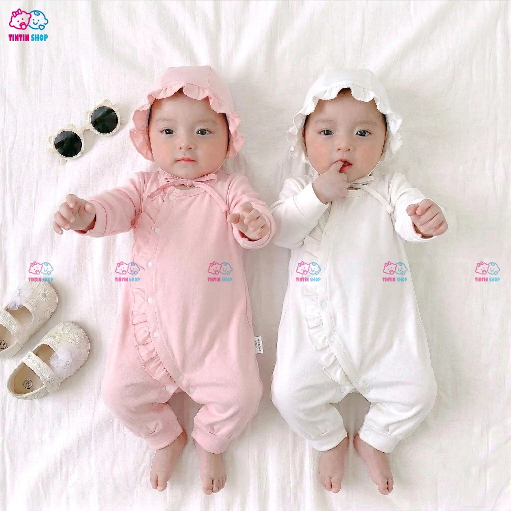 [Tặng mũ] Bodysuit dài tay vải cotton 4 chiều cho bé gái Đồ liền thân Áo liền quần trẻ sơ sinh SLT96