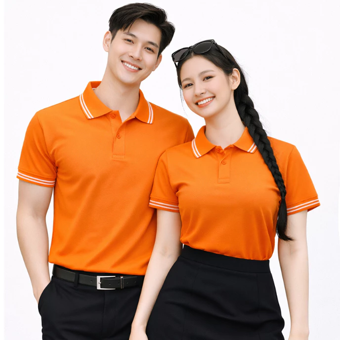 Andromeda Áo Polo Màu Cam Phối 2 Sọc Form Xuông Unisex Vải Cá Sấu Co Giãn Đồng Phục Nam Nữ