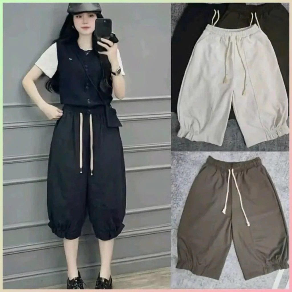 Quần ngố nhún bèo gấu cạp chun vải kaki qccc mềm đẹp