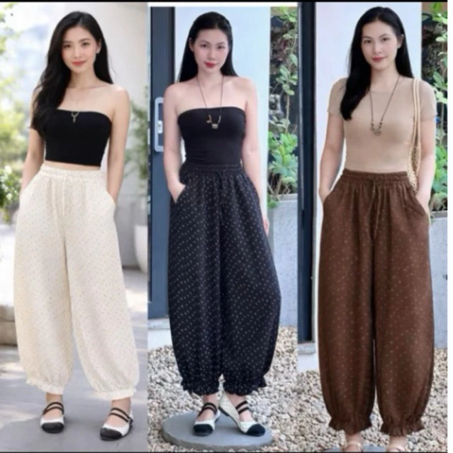 Quần Bom suông dáng thụng nhún bèo gấu hoạ tiết chấm bi cạp chun mặc thoải mái