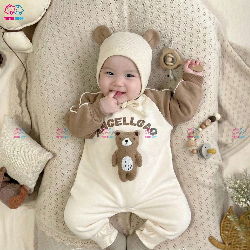 Bodysuit kèm mũ Body dài tay cho bé trai bé gái áo liền quần trẻ sơ sinh Gấu ANGELLGAO SLT129