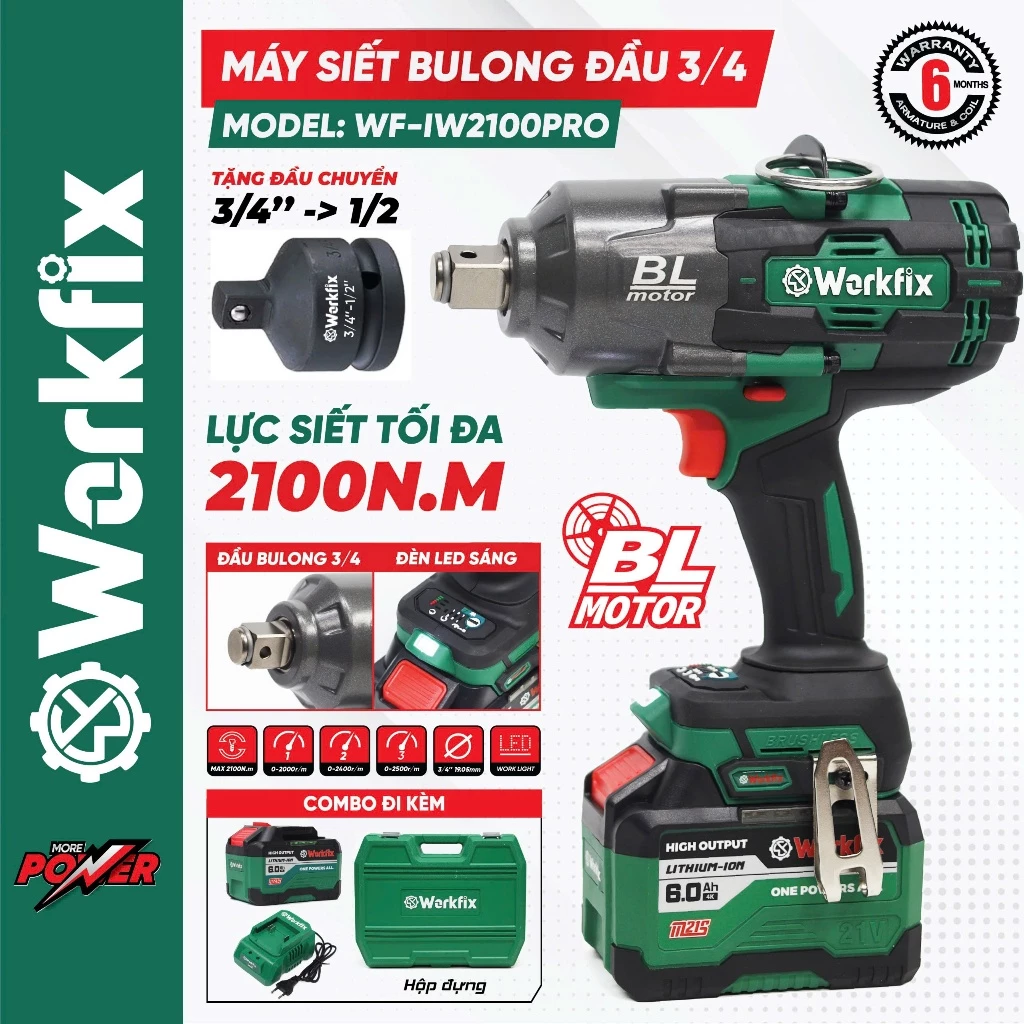 [KÈM PHỤ KIỆN] Máy Bắn Bulong Workfix WF-IW2100BL Khỏe Nhất, Chuyên Vặn Mở Vặn Ốc Xe Kéo, Xe Tải Tấn, Ô Tô,...