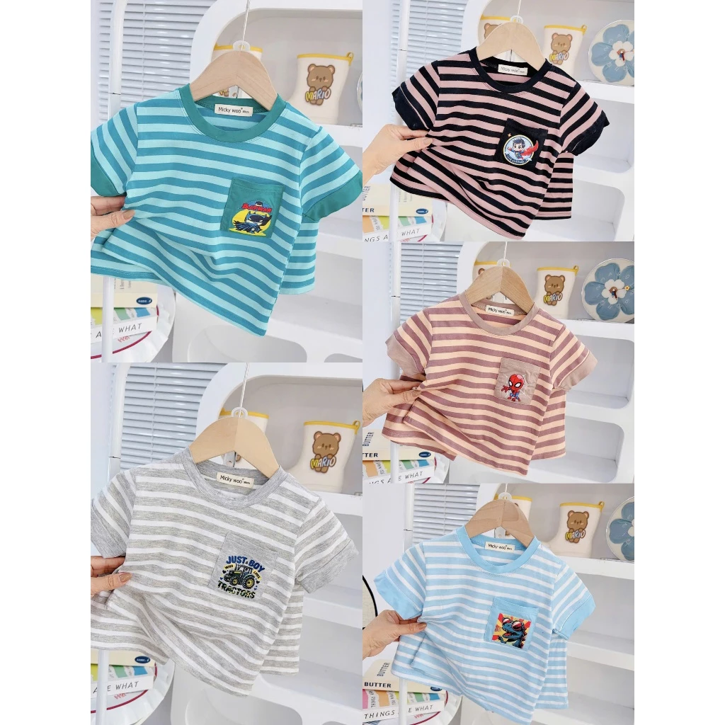Bộ Cộc Tay Thun Lanh Sọc Dệt Viscose Micky woo mại cho bé trai bé gái mặc ở nhà mặc đi học từ  8-25 KG
