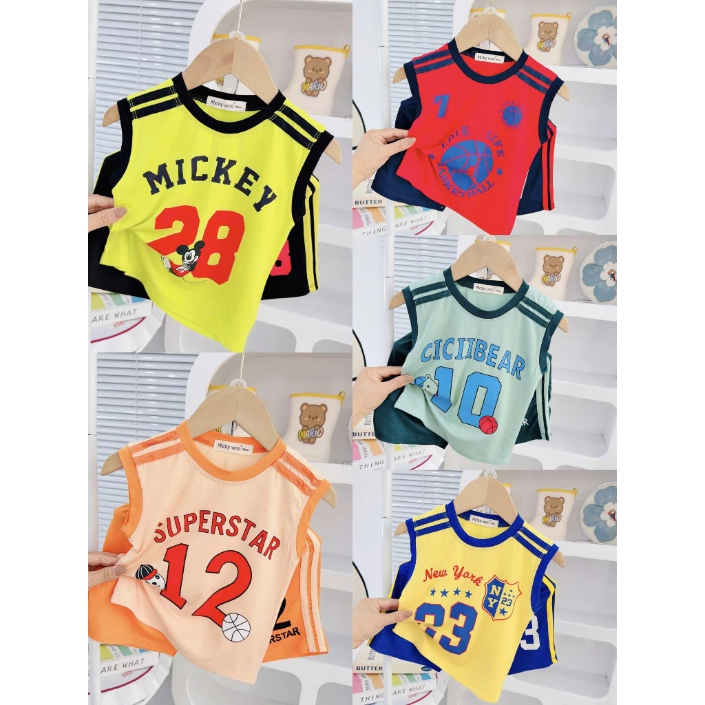Bộ Ba Lỗ Thun Lạnh Micky woo Thể Thao Cho Bé Trai Từ 8-25kg Mềm Mại Thoáng Mát Cao 80-123Cm