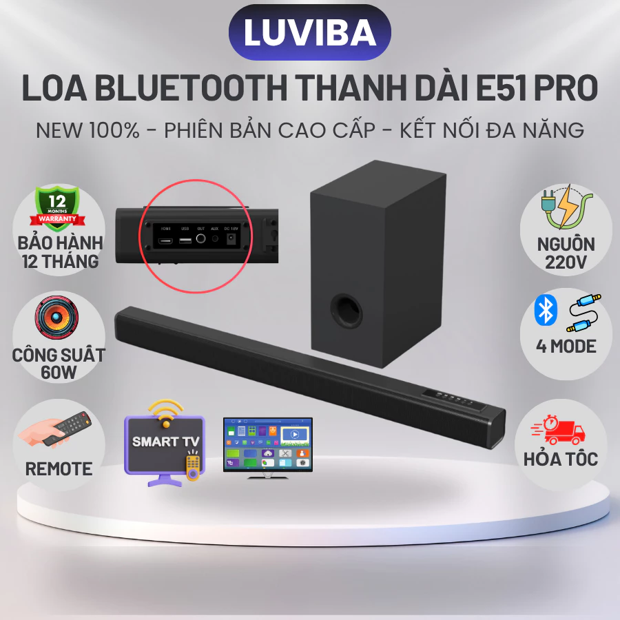 Loa bluetooth bass mạnh máy vi tính để bàn công suất 60W, loa nghe nhạc tivi phòng khách LUVIBA E51
