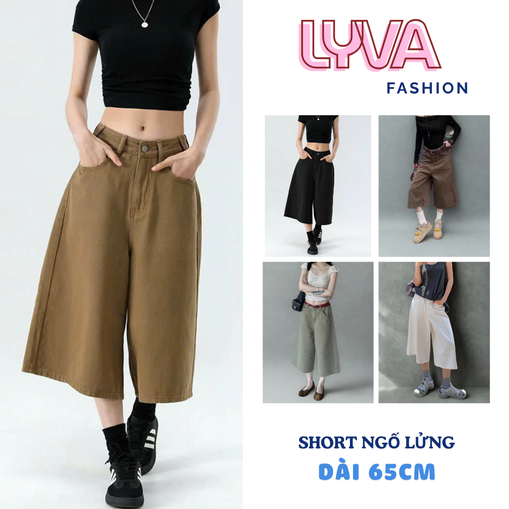 Quần jean ngố lửng nữ thiết kế ống rộng lưng cao, quần short ngố qua gối basic dễ dàng cho nàng phối đồ - Lyva Fashion
