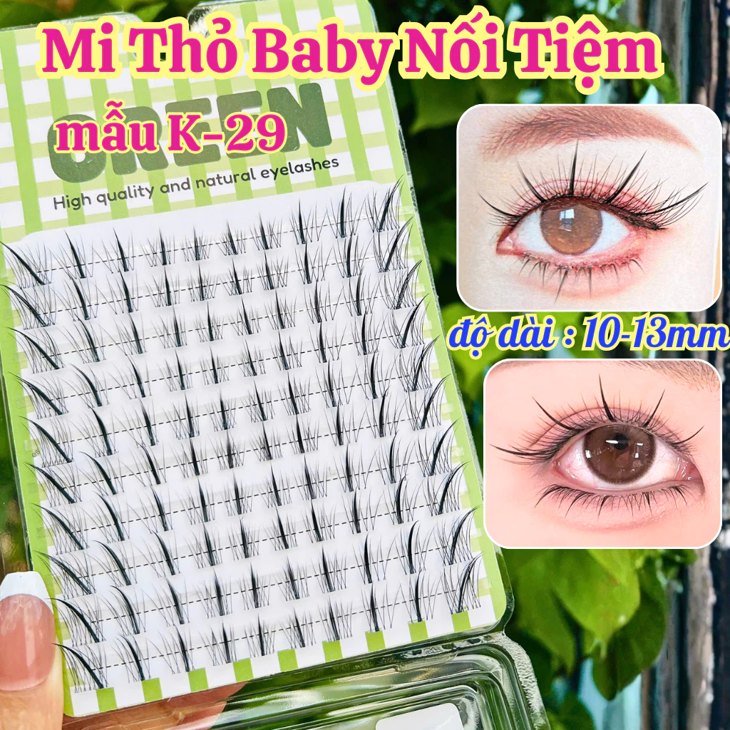 Mi Giả Thỏ Baby K29 Sợi Tia Như Mi Nối Tiệm Độ Dài 10-13mm Hộp 10 Hàng GREEN Thủy Mi
